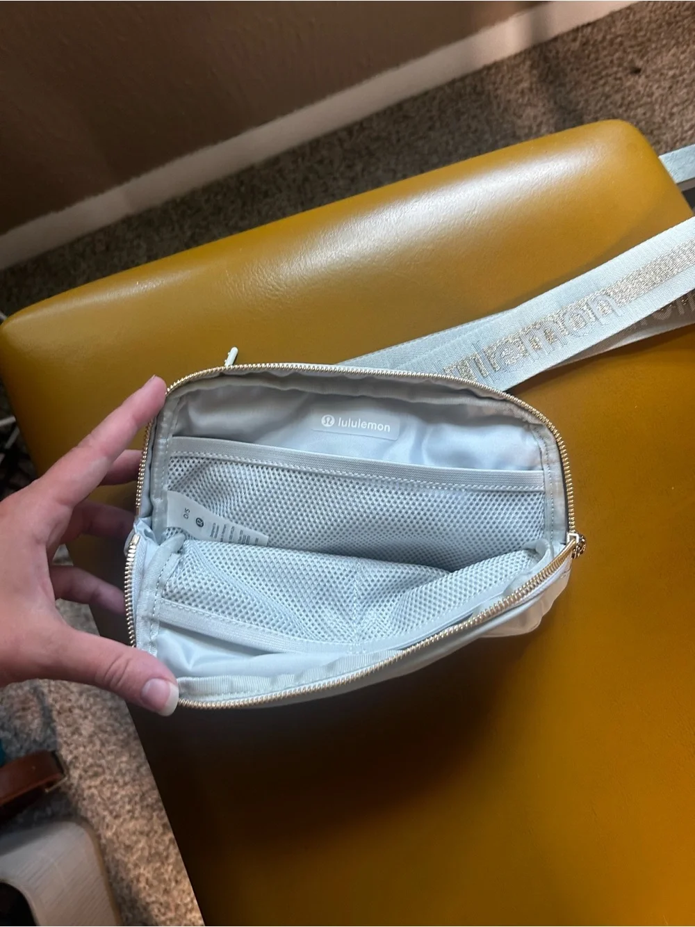 New Lululemon light blue Belt Bag with Gold Logo Strap
